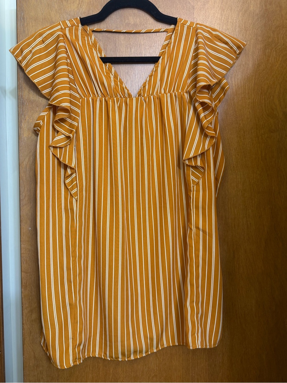 Striped Mustard Ruffle Sleeve V-Neck Top